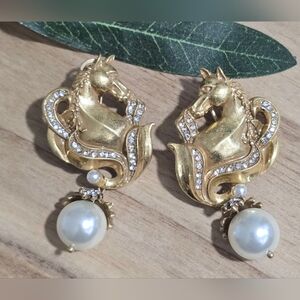Gold Horse Earrings with Crystals and Pearls